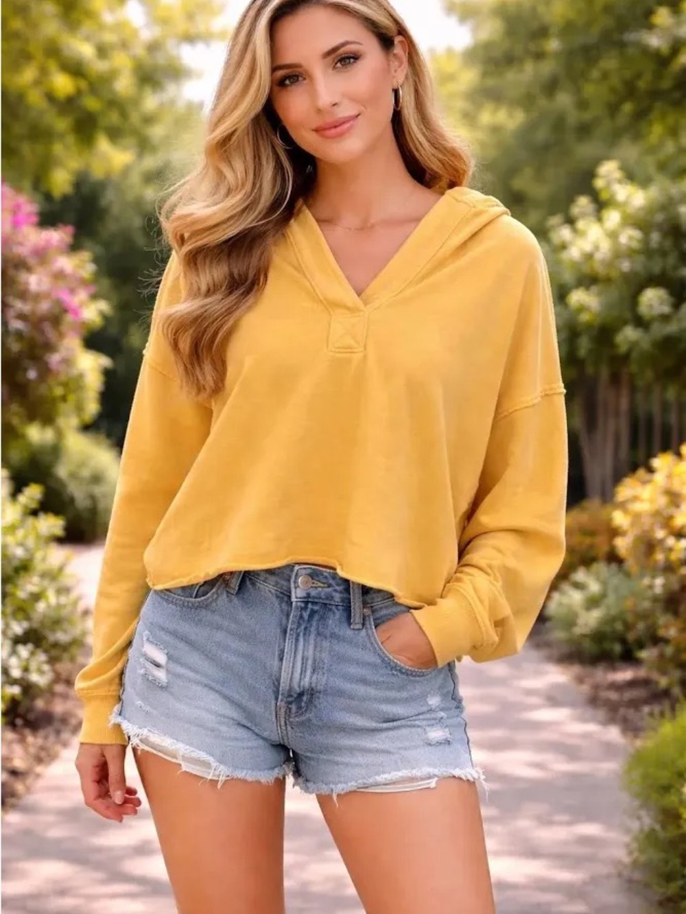 aerie Cropped Mustard V-Neck Hoodie
